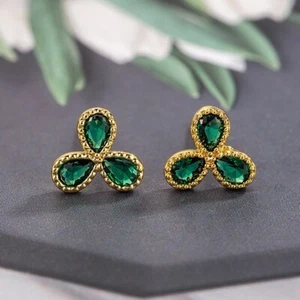925 Sterling Silver Gold 3 Leaf Clover CZ Crystal Stud Earrings Women Girls Gift - Picture 1 of 7