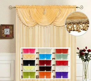 SOLID SHEER VOILE WINDOW TREATMENT WATERFALL FRINGE VALANCE - Picture 1 of 29
