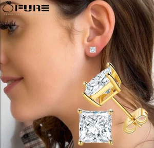 Diamond Stud Earrings Princess Cut studs 18K Gold Plated Hypoallergenic Women - Picture 1 of 8