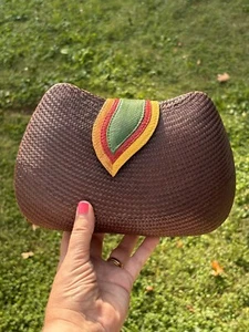 1970s Hardshell Clutch Brown Woven With Leather Snap Closure + Satin Strap VTG - Picture 1 of 5