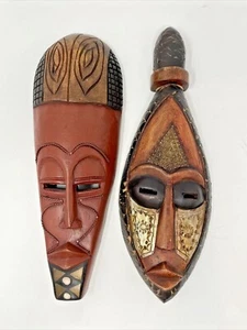 Set African masks 15” hand carved wood carved metal hand painted man woman - Picture 1 of 10