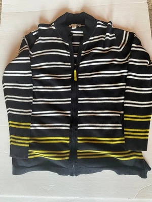 Cardigã Coldwater Creek XL malha LS zíper completo 100% algodão preto branco amarelo - Imagem 1 de 4