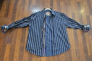 ROBERT GRAHAM MEN XLARGE SPORT SHIRT BLUE RED STRIPE EMBROIDERED FLORAL JACQUARD - Picture 1 of 21