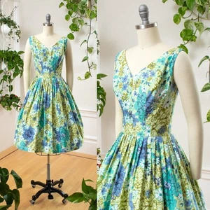 Vintage 1950s Sundress 50s Floral Cotton Green Blue Fit and Flare Tea Day Dress - Picture 1 of 7