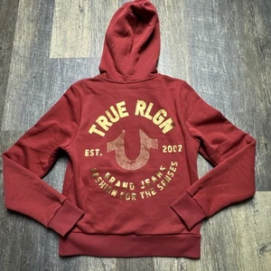 True Religion Damen Hoodie Gr. S Crystal Metallic Logo Zip Kapuzenpullover Burgund �� - Bild 1 von 8