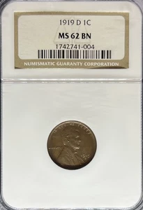 Centavo Lincoln 1919-D MS62BN NGC (#PA1742741004) - Imagen 1 de 2