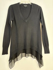 Central Park West Womens Cotton V-Neck Sheer Hem Detail Sweater Black Size S - Picture 1 of 11