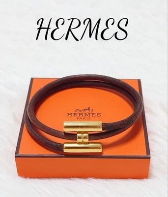 Pulseira masculina feminina de couro Hermes 2 fileiras marrom ouro logotipo H autêntica - Imagem 1 de 4