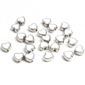 WHITE Enamel Silver Tone Heart Shape Beads 8mm Double Sided WHITE 10pcs - Picture 1 of 2