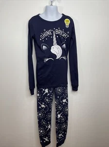 Girl’s Pajamas 8 Navy Blue Unicorn Glow in Dark  Long Sleeves 2-Piece Snug Fit - Picture 1 of 12