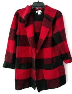 Christopher & Banks Petite Red Plaid Open Front Hoodie Cardigan Sweater Size PM - Picture 1 of 7