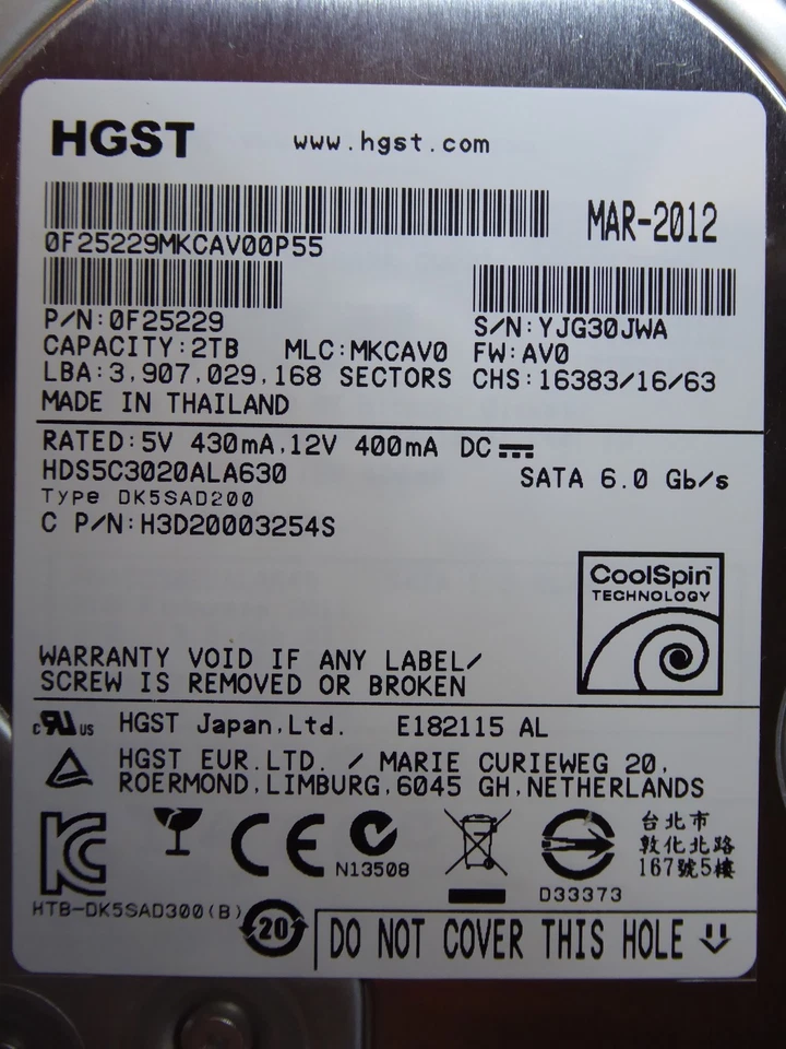 Hitachi HDS5C3020ALA630 | MLC: MKCAV0 | P/N: 0F25229 | MAR-2012 | 2TB  - Bild 1 von 1