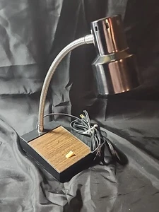 1978 Vintage Mobilite Chrome & Faux Wood Gooseneck Lamp Brown & Black JJ - Picture 1 of 6