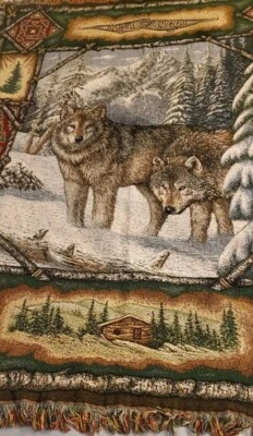 Pure Country Weavers Wolf Lodge Woven Cotton Throw Fringe Wolves USA 75" X 54" - Image 1 of 4