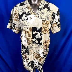 Hawaiian Size Large Brown Beige Tapestry Hibiscus Leaves Pockets Scrub Top - Picture 1 of 4