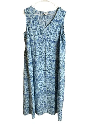Vestido J. Jill XL Pequeño Azul Floral 100% Lino Sin Mangas Cuello en V Línea A Maxi Foto 1 de 4