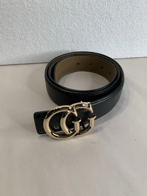 Vtg GG Gold Tone Buckle Black Imbossed Leather Belt 44L 1.25”w Womens Double G - Image 1 of 4