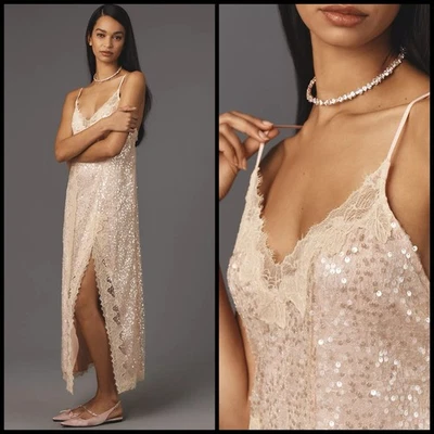 Maxi Vestido Anthropologie En Elly Sin Mangas Lentejuelas Encaje Sin Mangas GRANDE Melocotón Ajustes XL Foto 1 de 4