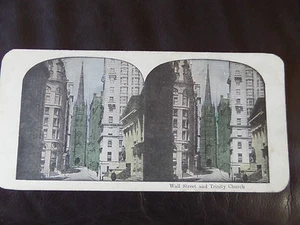 c.1900 3d COLOUR STEREOGRAPH/ STEREOGRAM PHOTO CARD "Wall Street & Trinity.. " - Picture 1 of 1