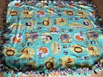 Handmade fleece tie blanket - Size 42” x 53” Baby Animals Aqua Gray Yellow - Image 1 of 3