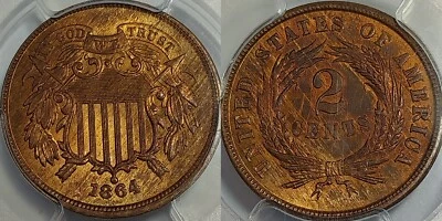1864 Large Motto 2C 2 Cents PCGS Uncirculated - detail Graffiti - Eye Appealing! - Image 1 of 4