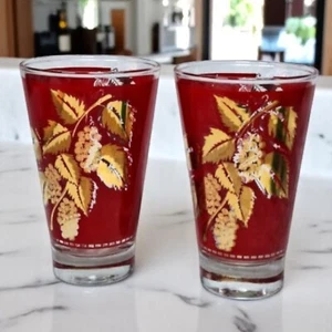 Vintage Bartlett And Collins Mist High Ball Glass With Gold Leaves Grapes Red - Picture 1 of 12