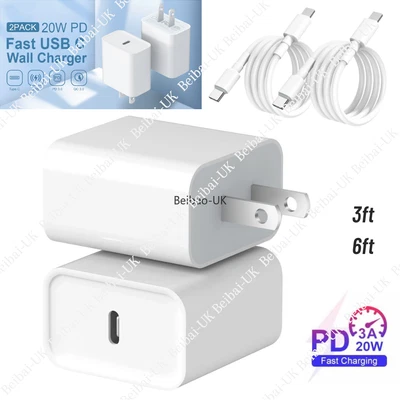 2 Pack 20W PD USB-C Power Adapter Fast Charger Cable For iPhone 14 13 12 11 iPad - Image 1 of 4