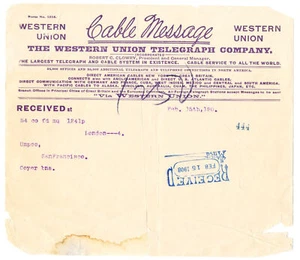 Mensaje por cable Western Union 1908 - Imagen 1 de 2