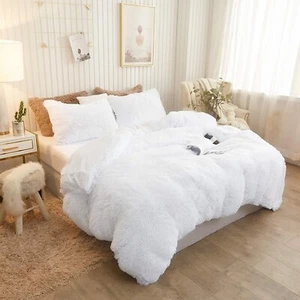 XeGe Plush Shaggy Queen White Duvet Cover Luxury Ultra Soft Crystal Velvet - Picture 1 of 2