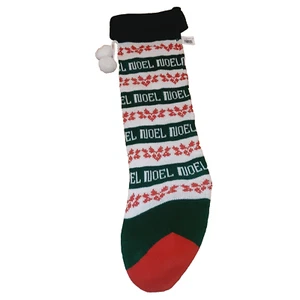 Vintage Knit Christmas Noel Stocking 27" Pom Poms Holiday Green, Red, White - Picture 1 of 6