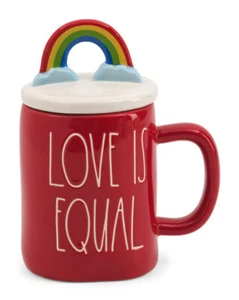 Rae Dunn Love Is Equal Red Mug With Figural Rainbow Topper Pride NEW - Picture 1 of 5