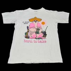Vintage 80s Oneita Born to Bake Florida Tanning White Shirt Adult Large - Picture 1 of 6