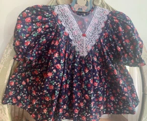 Vintage Boutique Toddler Girl DRESS Blue Red ROSES Floral Lace Collar 3T COTTAGE - Picture 1 of 5