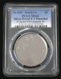 MINT ERROR NO DATE MS-62 SILVER PROOF 27.5g T-2 PLANCHET FOR COMMEMORATIVE $1 - Picture 1 of 2