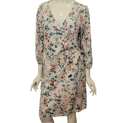 Garnet Hill wrap robe womens large 100% cotton floral teal white red orange - Image 1 of 4