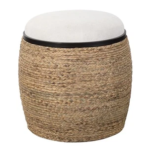 Uttermost 23582 Island 19"W Braided Straw Wrapped Accent Stool - Black Iron / - Picture 1 of 3