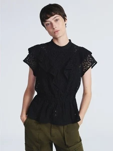 Scoop Damenbluse schwarz Spitze Rüschen Schößchen mit kurzen Ärmeln Gr. XS neu mit Etikett - Bild 1 von 4