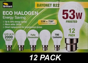 12 x 53W Pearl GLS Halogen Light Globes Bulbs Lamps Bayonet Cap B22 53W = 75W - Picture 1 of 2