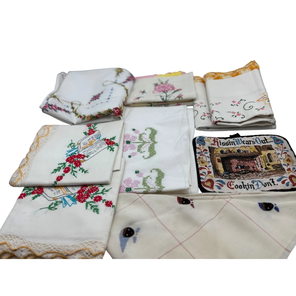 Lote de 2 juegos de fundas de almohada bordadas vintage pañuelos toallero de cocina bache Foto 1 de 4