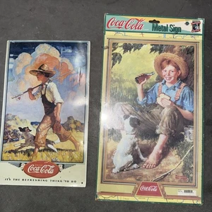Vintage Coca-Cola Collectibles: Classic Boy with Dog Metal Sign - Picture 1 of 12