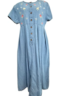 Женское джинсовое платье Karen Scott размер M с коротким рукавом на пуговицах вышитое ВИНТАЖНОЕ - Изображение 1 из 4