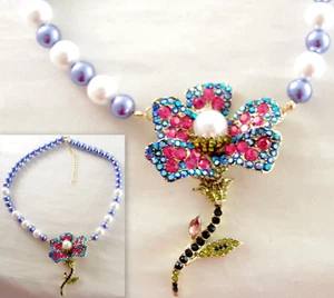 NWOT DREJEW DESIGNER STYLE 3.5" DIMENSIONAL RHINESTONE & PEARL FLOWER NECKLACE - Picture 1 of 21