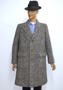 40s Black/White Herringbone Mottled Tweed Wool Tailored Coat Sz L Made in France - Picture 1 of 12