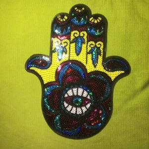 LARGE 10.75” HAMSA HAND EYEBALL SEQUINED IRON ON PATCH sequin Buddha Buddhist - Picture 1 of 5