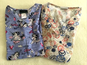 2 Scrub Tops Cherokee Unicorns Caring is Magical & UA Scrubs Multicolored SZ L - Picture 1 of 18