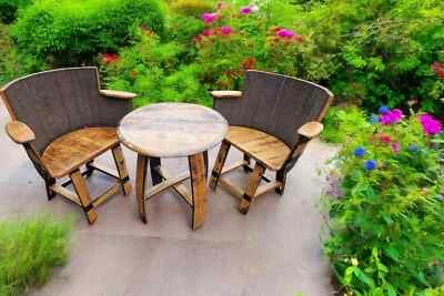 Oak Barrel Armchair Duo & Coffee Table: Handcrafted Rustic Elegance - Image 1 of 3