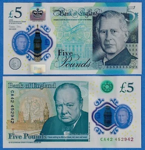 Great Britain UK England 5 Pound 2023/2024 P398 King Charles UNC Polymer Note - Picture 1 of 3