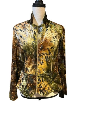 VTG Joseph Ribkoff Short Jacket Blazer Zip Brown Gold Velvet Animal Print Sz 12 - Image 1 of 4