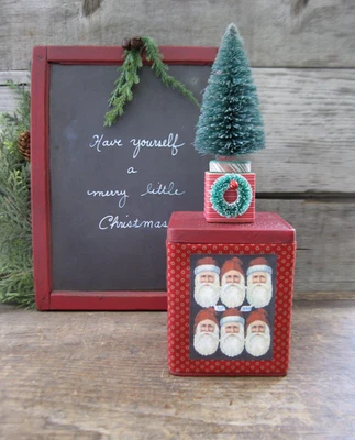 Antique Pantry Tin Calico Sleeve Scrap Santas Print w Bottle Brush Tree - Image 1 of 4