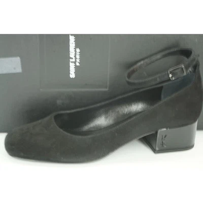 Bomba de tacón bloque con correa para el tobillo Saint Laurent de gamuza para bebés talla 36 nueva en caja logotipo YSL $795 Foto 1 de 4